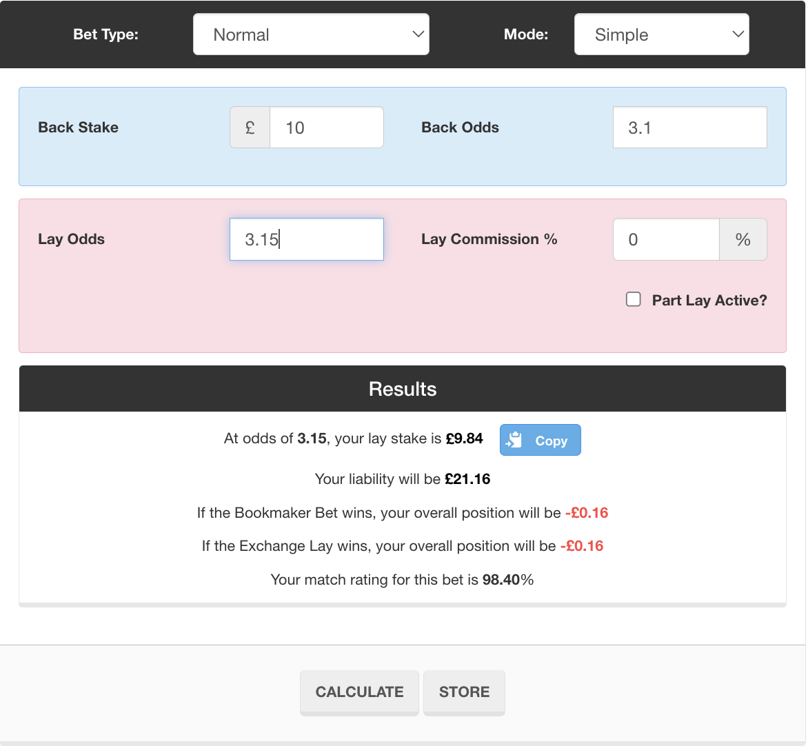 Matched betting calculator for a qualifying bet, showing optimal stakes and a 16p qualifying loss